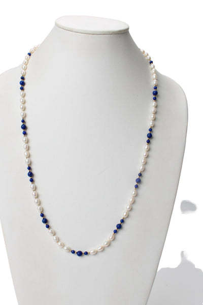 Designer Womens 14K Yellow Gold Filled Pearl + Lapis Bead Strand Necklace 29"