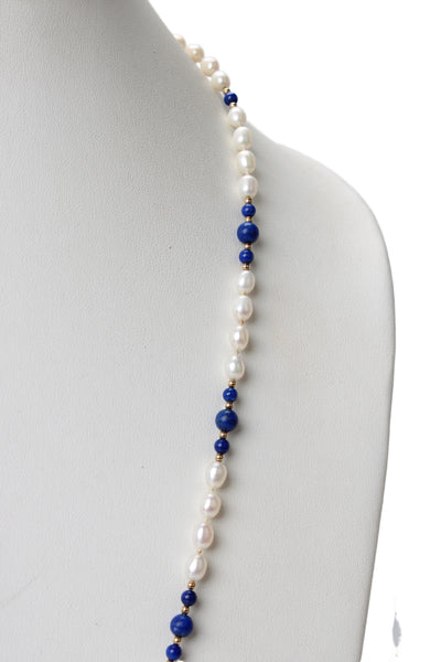Designer Womens 14K Yellow Gold Filled Pearl + Lapis Bead Strand Necklace 29"