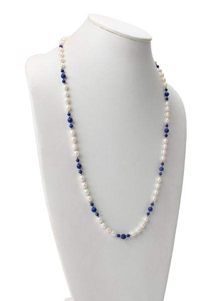 Designer Womens 14K Yellow Gold Filled Pearl + Lapis Bead Strand Necklace 29"