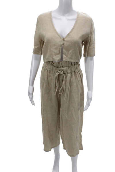 Majorelle Womens Linen Short Sleeves Blouse Pant Set Beige Size Small