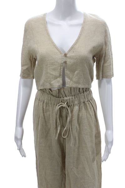 Majorelle Womens Linen Short Sleeves Blouse Pant Set Beige Size Small