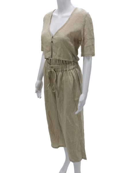 Majorelle Womens Linen Short Sleeves Blouse Pant Set Beige Size Small