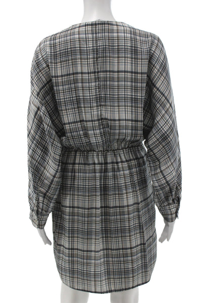 Zara Women Mini Plaid V-Neck Long Sleeve Dress Polyester Pullover Size S
