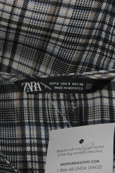 Zara Women Mini Plaid V-Neck Long Sleeve Dress Polyester Pullover Size S