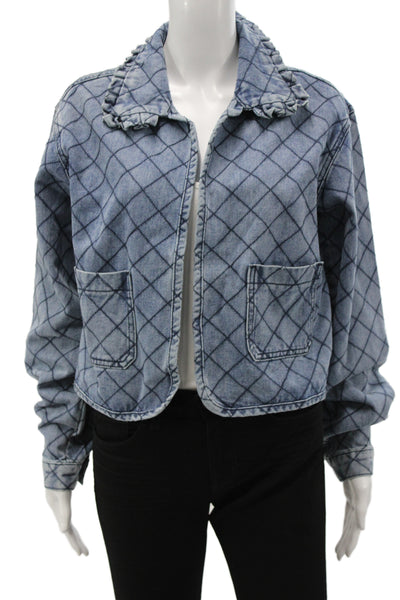 Heritage Women Quilted Jacket Blue Cotton Argyle Zipper Long Sleeve Size M