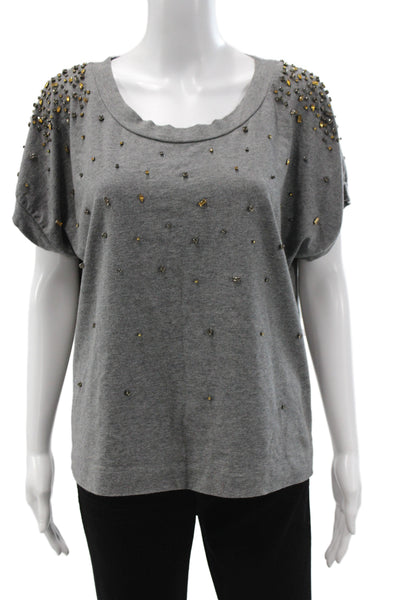XXI Women Gray Jersey T-Shirt Scoop Neck Short Sleeve 95% Cotton Beaded Size L