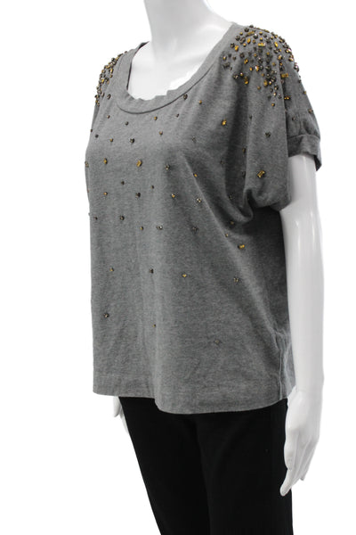 XXI Women Gray Jersey T-Shirt Scoop Neck Short Sleeve 95% Cotton Beaded Size L