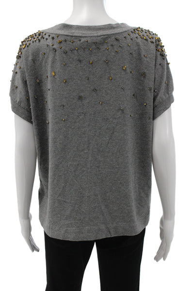 XXI Women Gray Jersey T-Shirt Scoop Neck Short Sleeve 95% Cotton Beaded Size L