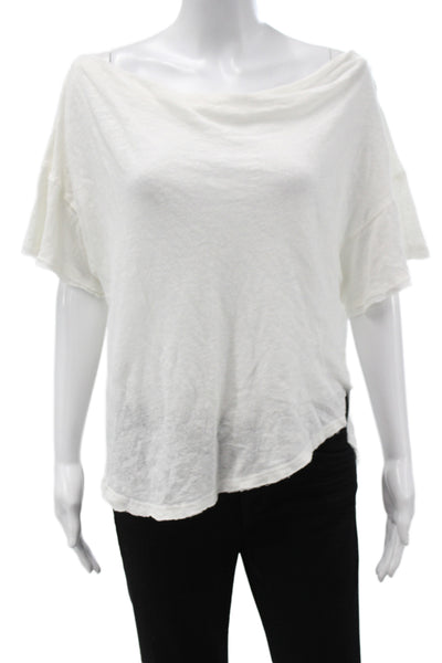 Free People Womens Boat Neck Linen Blend T-Shirt White Short Sleeve Size L