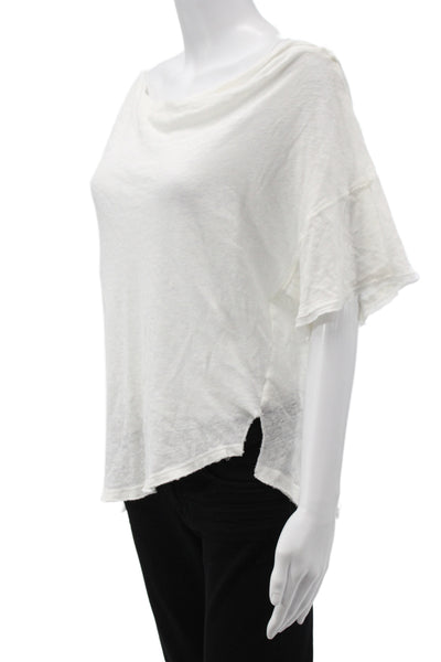 Free People Womens Boat Neck Linen Blend T-Shirt White Short Sleeve Size L
