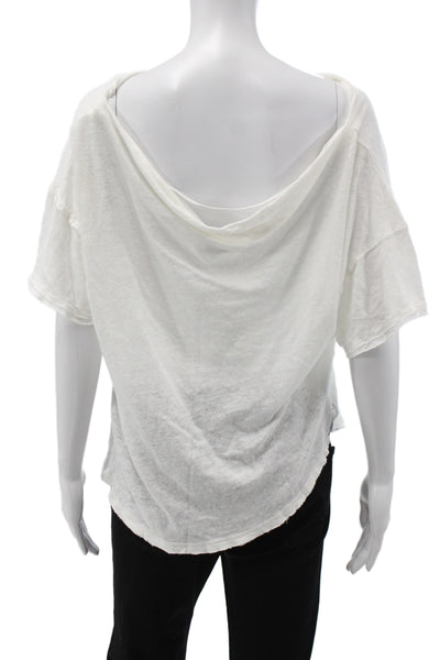 Free People Womens Boat Neck Linen Blend T-Shirt White Short Sleeve Size L