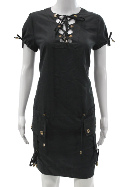 Nerissimo Italia Womens Black V Neck Short Sleeve Lace Up Shift Dress Size L