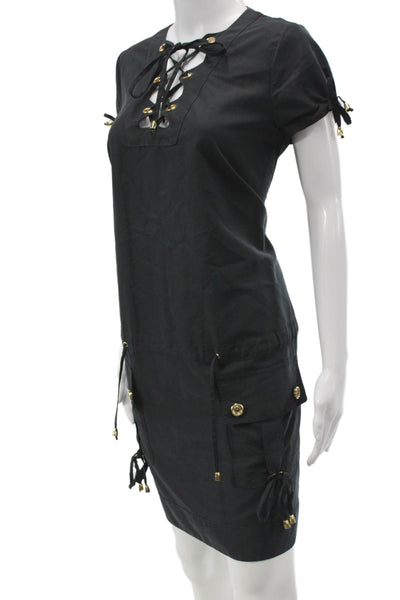 Nerissimo Italia Womens Black V Neck Short Sleeve Lace Up Shift Dress Size L