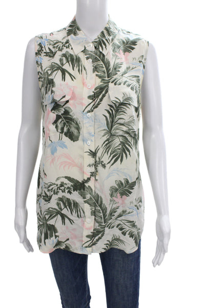 Equipment Femme Women Beige Silk Collared Sleeveless Tunic Button Floral Size M
