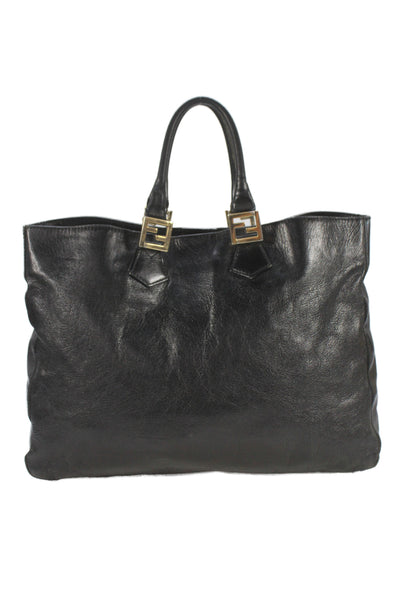 Fendi Womens Leather Gold Tone Logo Tote Shoulder Handbag Black