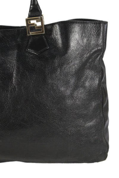 Fendi Womens Leather Gold Tone Logo Tote Shoulder Handbag Black