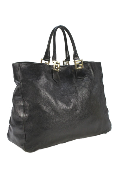 Fendi Womens Leather Gold Tone Logo Tote Shoulder Handbag Black