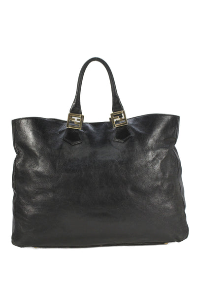 Fendi Womens Leather Gold Tone Logo Tote Shoulder Handbag Black
