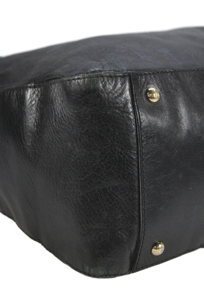 Fendi Womens Leather Gold Tone Logo Tote Shoulder Handbag Black