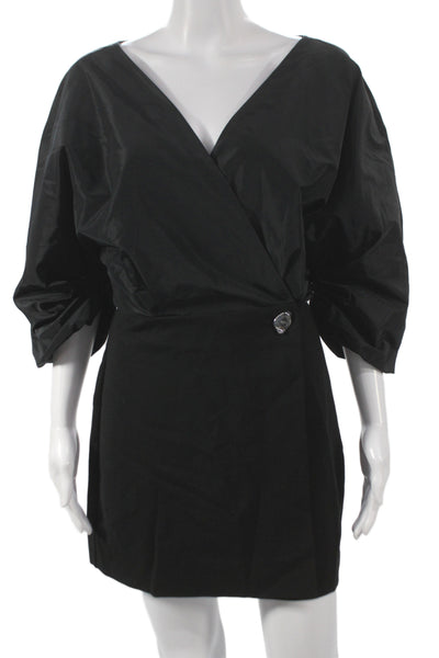 Staud Women Wrap Dress Black V-Neck 3/4 Sleeve Button Size 2
