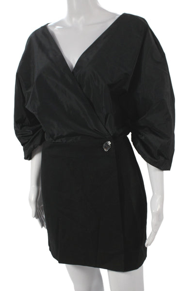 Staud Women Wrap Dress Black V-Neck 3/4 Sleeve Button Size 2