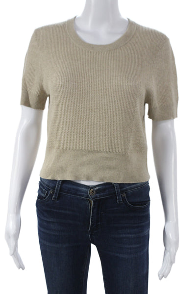 Enza Costa Womens Satin Blouse Brown Crew Neck Short Sleeve Size S
