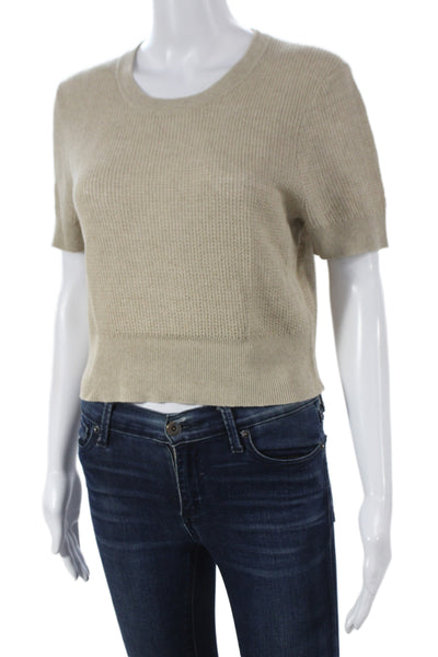 Enza Costa Womens Satin Blouse Brown Crew Neck Short Sleeve Size S