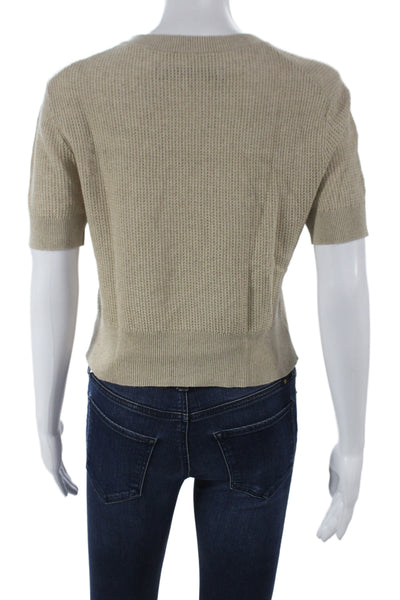 Enza Costa Womens Satin Blouse Brown Crew Neck Short Sleeve Size S