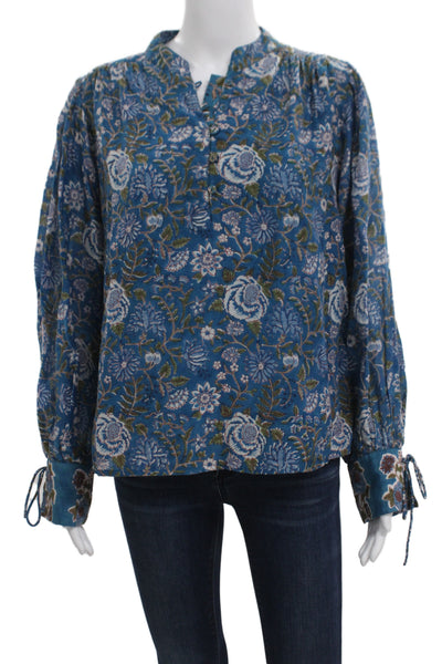 Oliphant Women Tunic Blue Floral Long Sleeve Henley Cotton Size M