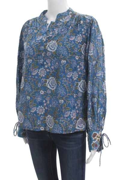 Oliphant Women Tunic Blue Floral Long Sleeve Henley Cotton Size M
