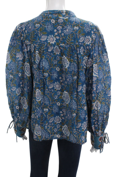 Oliphant Women Tunic Blue Floral Long Sleeve Henley Cotton Size M
