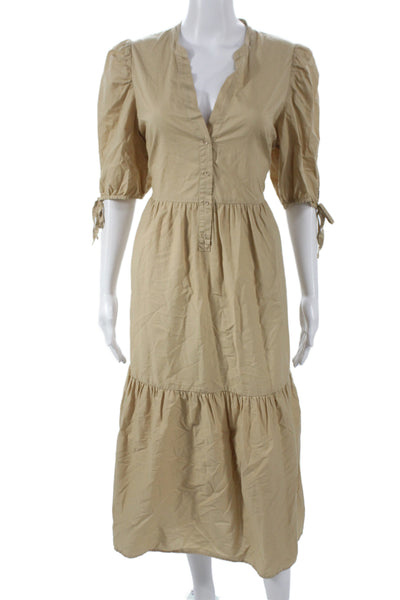 Nation LTD Women Beige Pima Cotton Shirt Dress V-Neck Half Sleeve Size M