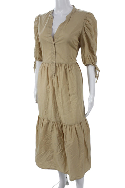 Nation LTD Women Beige Pima Cotton Shirt Dress V-Neck Half Sleeve Size M