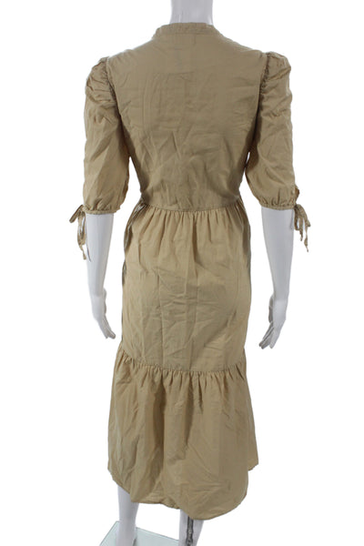 Nation LTD Women Beige Pima Cotton Shirt Dress V-Neck Half Sleeve Size M