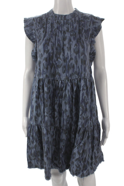 Anthropologie Women Shift Dress Blue Animal Print High Neck Sleeveless Size S