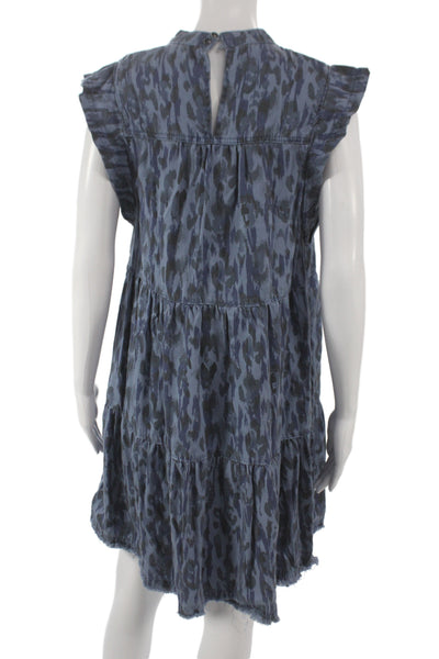 Anthropologie Women Shift Dress Blue Animal Print High Neck Sleeveless Size S