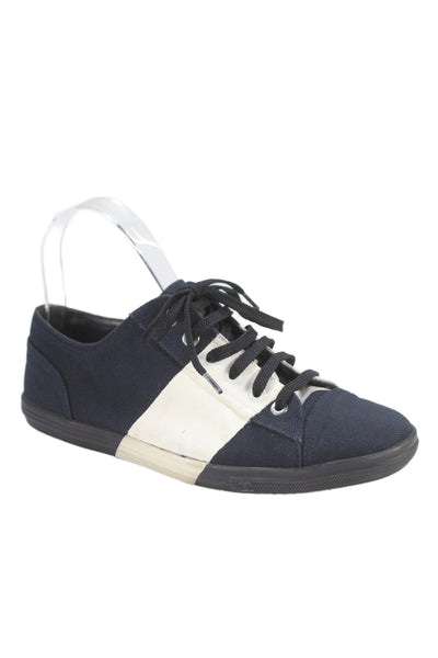 Chanel Womens Low Top Sneakers White Navy Blue White Size 37.5 7.5