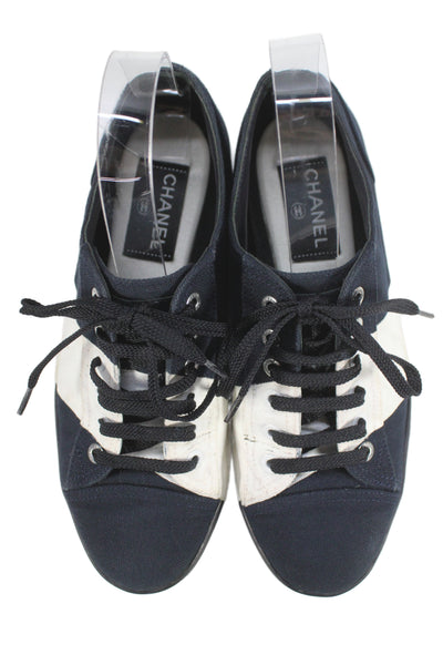 Chanel Womens Low Top Sneakers White Navy Blue White Size 37.5 7.5