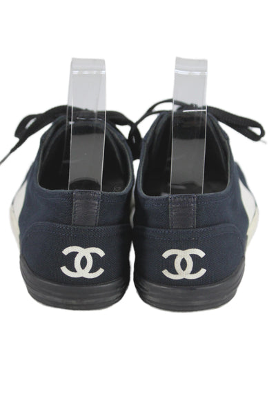 Chanel Womens Low Top Sneakers White Navy Blue White Size 37.5 7.5