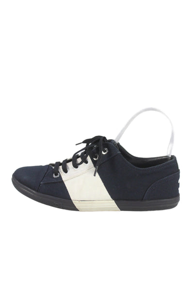 Chanel Womens Low Top Sneakers White Navy Blue White Size 37.5 7.5