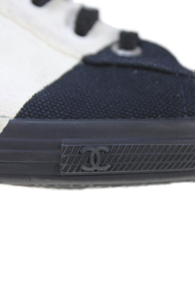 Chanel Womens Low Top Sneakers White Navy Blue White Size 37.5 7.5