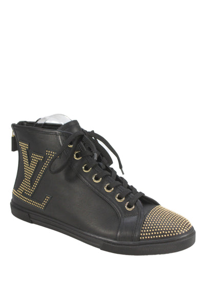 Louis Vuitton Womens Leather Studded High Top Sneakers Black Gold Size 37.5 7.5