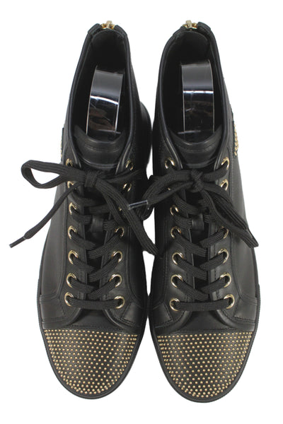 Louis Vuitton Womens Leather Studded High Top Sneakers Black Gold Size 37.5 7.5