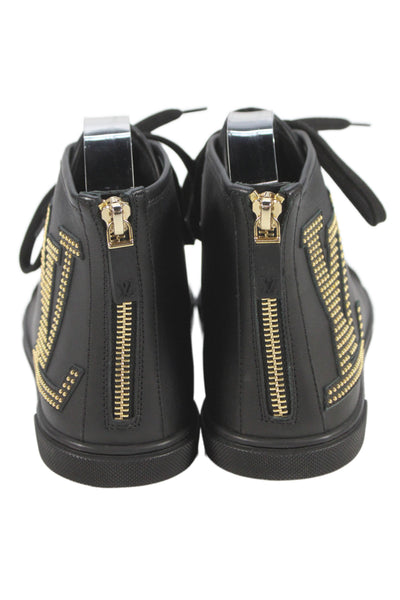 Louis Vuitton Womens Leather Studded High Top Sneakers Black Gold Size 37.5 7.5