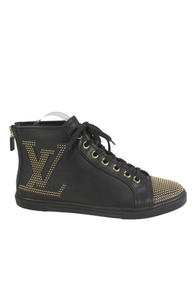 Louis Vuitton Womens Leather Studded High Top Sneakers Black Gold Size 37.5 7.5