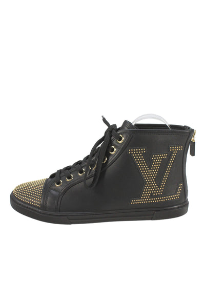 Louis Vuitton Womens Leather Studded High Top Sneakers Black Gold Size 37.5 7.5