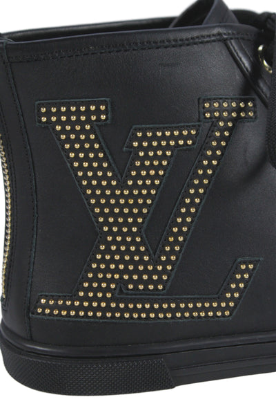Louis Vuitton Womens Leather Studded High Top Sneakers Black Gold Size 37.5 7.5