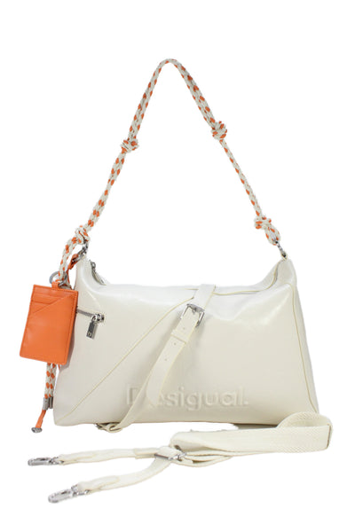 Desigual Womens Leather Embossed Logo Braided Strap Shoulder Handbag White