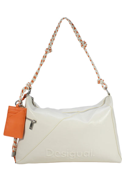Desigual Womens Leather Embossed Logo Braided Strap Shoulder Handbag White