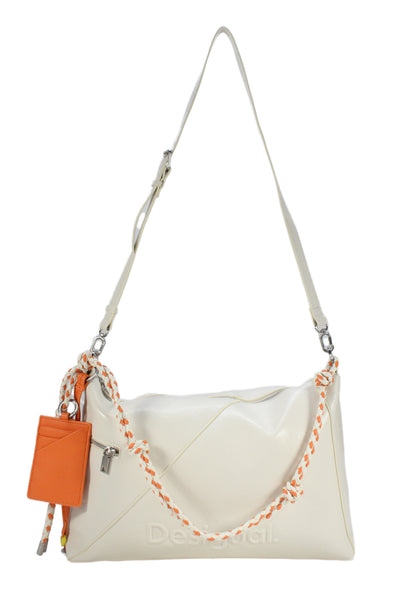 Desigual Womens Leather Embossed Logo Braided Strap Shoulder Handbag White